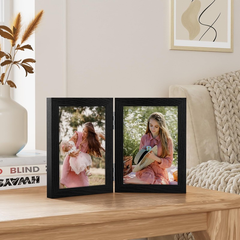Vittanly 5x7 Double Picture Frame, Hinged 2 Opening MDF Photo