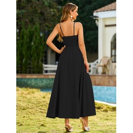 Parthea Womens Spaghetti Straps Corset Dress Boho Flowy Slit Square Neck Casual Midi Dresses Black