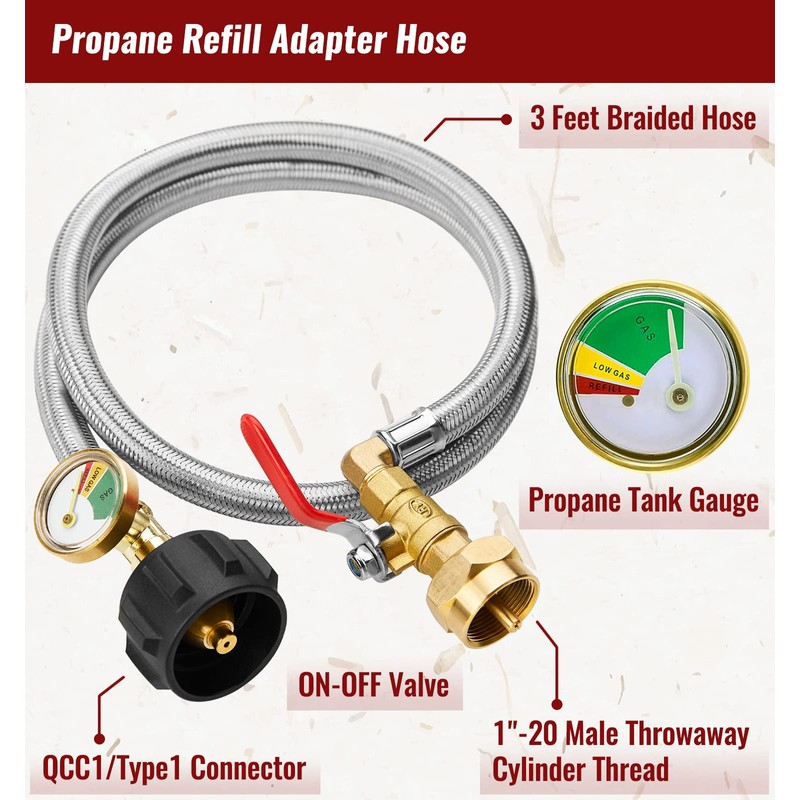 CALPOSE 3 Feet Propane Refill Adapter Hose with Gauge and