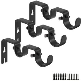 ANCLLO Heavy Duty Curtain Rod Brackets Double Curtain Rod Holders, 1 Inch and 5/8 Inch (Set of 3, Black)