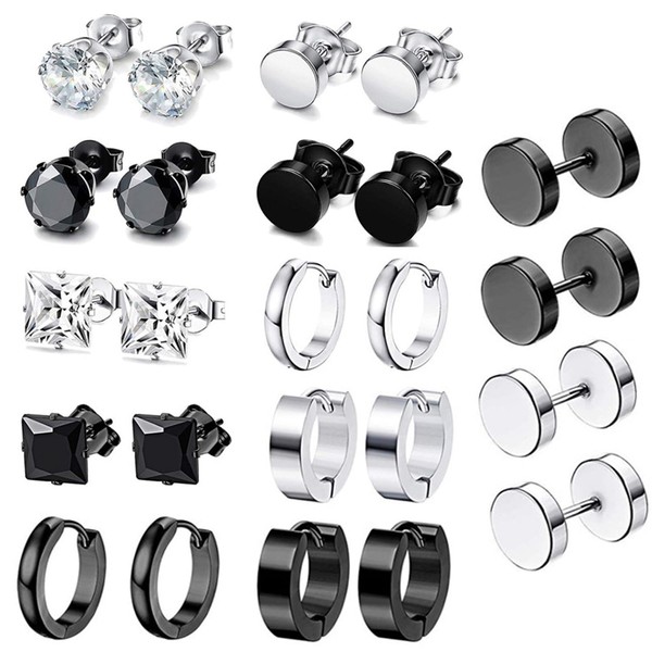 12 Pairs Mens Earrings Stainless Steel Earrings for Black Hoop
