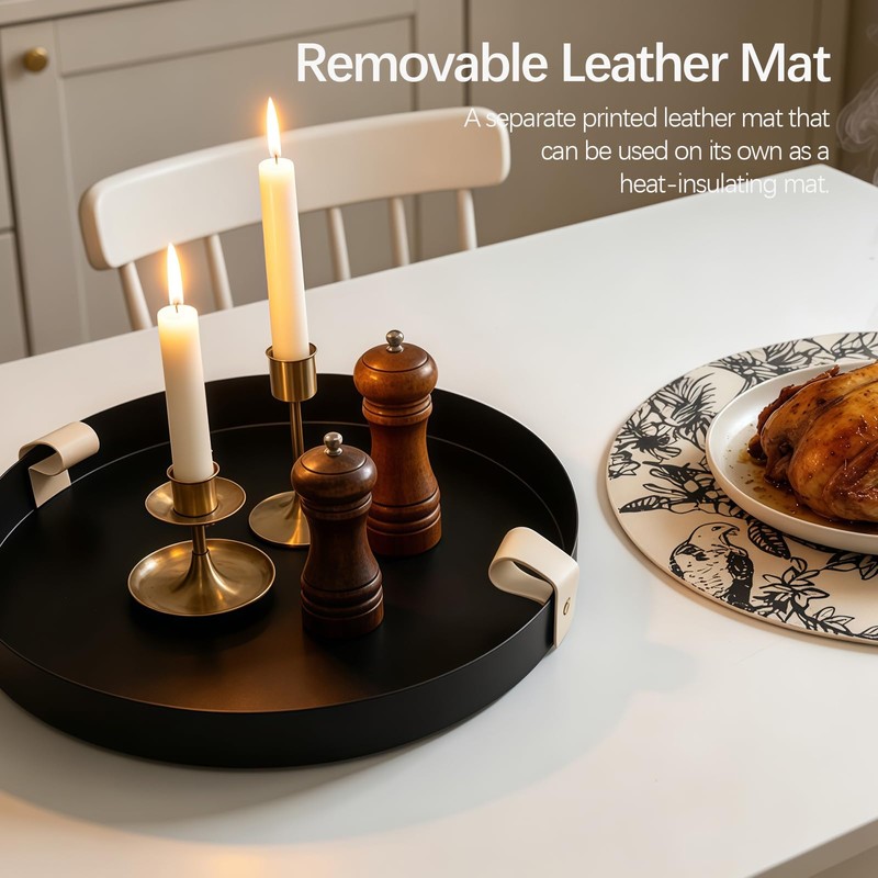 HARLIANGXY Decorative Round Tray Ø 28CM, Valet Tray with Leather-padded,