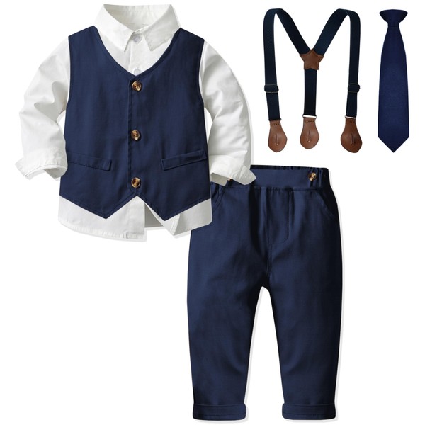 SANGTREE Ropa de bebé para niños, camisa de vestir con pajarita + pantalones de tirantes, 3 meses a 9 años, Corbata Azul marino, 9-12 meses