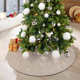 LILENO HOME Christmas Tree Skirt LED Natural (50 LEDs) with 8 Light Functions - Christmas Tree Blanket as Floor Protection Felt Christmas Tree Blanket Round (100 cm) Tree Blanket - Includes Timer