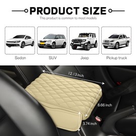wuyaoyao Car Center Console Cover, 12.6"×8.3"×2.2" Leather Car Armrest Cover with with 2 Side Pockets, Memory Foam Soft Auto Armrest Cushion Pad, Universal Vehicle Arm Rest Protector (Beige)