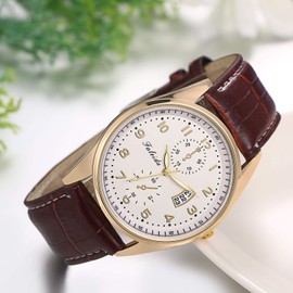 JewelryWe Mens Watches Two Eyes Analog Quartz Calendar Watch Leather Watchband Casual Brown Dress Watch