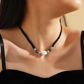 Inilbran Boho Shell Choker Necklace Vintage Turquoise Beads Necklace Cowrie Black Woven Rope Necklace Adjustable Braided Clavicle Necklace Chain Jewellery for Women, Zinc