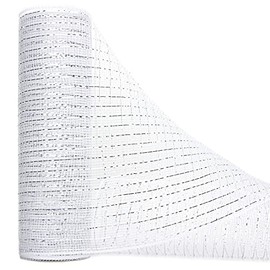 Ribbli White Metallic Mesh Ribbon,10 inch x 30 feet(10Yard), White with Silver Foil, Christmas Ribbon for Wreath Swags and Christmas Tree Decoration