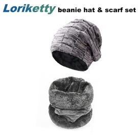 Loriketty Men Winter Knitted Outdoor Soft Plush Lining Beanie Hat with Scarf, Mens Winter Lining Cap, Light Grey