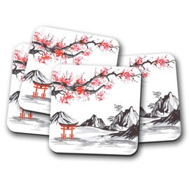 4 Set - Japanese Scene Coaster - Cherry Blossom Mountains Snow #12791