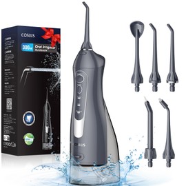 COSLUS Munddusche Kabellos Tragbar Elektrische Zahnreiniger, 300ML Wassertank Wiederaufladbar Zahndusche Doppelt Wasser Zähne Flosser IPX7 Wasserdicht Munddusche für Reinigung auf Reisen Grau