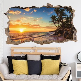 KOKOLAP Sunset Wall Sticker,Beach Wall Decals,3D Broken Wall Sun Beach Wall Stickers,Beach Seascape Wall Decals Peel and Stick,Palm Tree Wall Art Vinyl Sticker for Bedroom Living Room Summer Decor