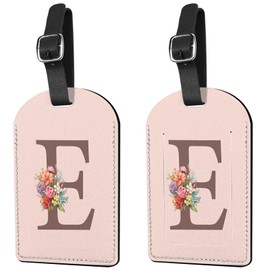 Deokke 2 Pack Initial Letter Luggage Tag Monogram Suitcase Tags PU Leather Cover Aesthetic Cute Monogrammed Travel Bag Labels for Women Girls Men (Pink-E)