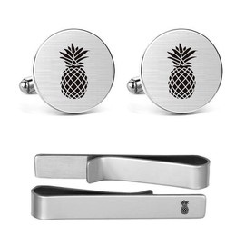 MUEEU Pineapple Cufflinks Engraved Fruit Novelty Pineapple Accessory Anniversary Wedding Party Groom Groomsman Cufflinks & Tie Clip Bar Tacks (Round Pineapple Cufflinks & Tie Clip)