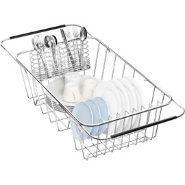 Small Dish Drainer Rack in Sink Adjustable, Expandable 304 Stainless Steel Metal Dish Drying Rack Organizer with Stainless Steel Utensil Holder Over Inside Sink Counter, Rustproof(For 1-2 People)