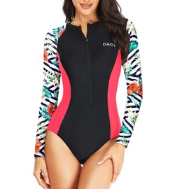 Daci Women Flower Stripe Rash Guard Long Sleeve One Piece Swimsuit Zipper Surfing Bathing Suit UPF 50 S