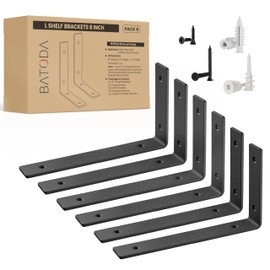 BATODA 8” Heavy Duty Shelf Brackets (6pcs) - L Shelf Brackets Black - Hook Brackets for Floating Shelves - Wall Mounted Support for DIY Open Shelving – Shelving Mounting Hardware Included (Pack 6)