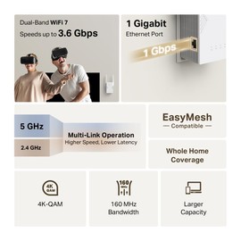 TP-Link RE225BE Dual-Band Wi-Fi 7 Amplifier Repeater, WiFi up to 3.6 Gbps, Gigabit LAN Port, MLO, EasyMesh, WPA3, WPS Button