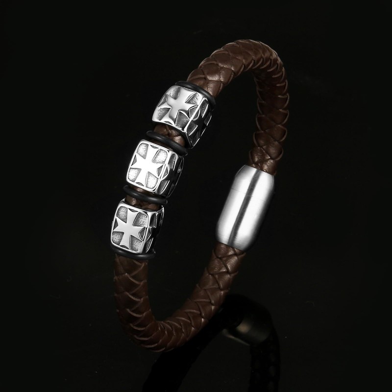 CaptainSteeL Bracelet for men-Leather Stainless Steel Black/Brown Braided Chain,Braided Leather