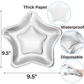 Tlence 100 Pack Star Shape Paper Plates, 9.5 Inches Thick Pentagram Dinnerware Plate, Silver Twinkle Star Dessert Plates Bulk, Disposable Party Plate for Appetizers Fruit, Wedding Birthday Supplies