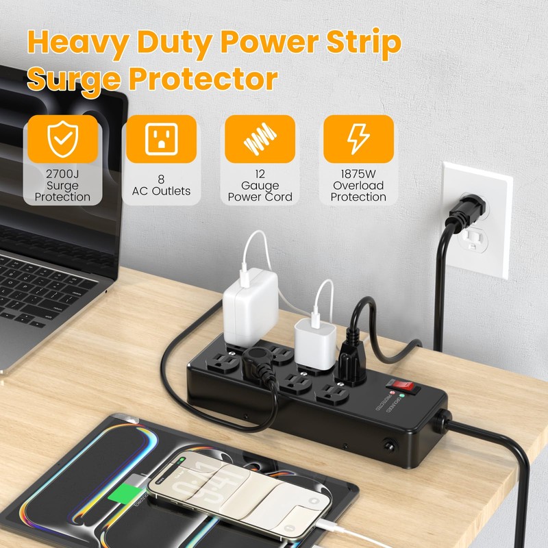 HEZI Magnetic Heavy Duty Power Strip,12 Gauge 6FT Extension Cord,Black