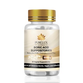 PureLux Naturals Boric Acid Vaginal Suppositories - 800mg, 30 Count - Odor Control for Women - Size 000 Capsules for Daily Feminine Care