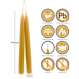 10'' Natural Beeswax Taper Candles Set of 6, DEYBBY Smokeless and Dripless Beeswax Candle, Long Lasting Burning Non Toxic