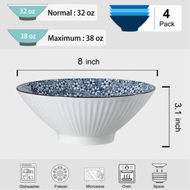 Dyware 38 oz Japanese Ramen Bowls Set of 4, Large Pho Bowls, 8 Inch Ceramic Blue and White Soup Bowls, Floral Pattern