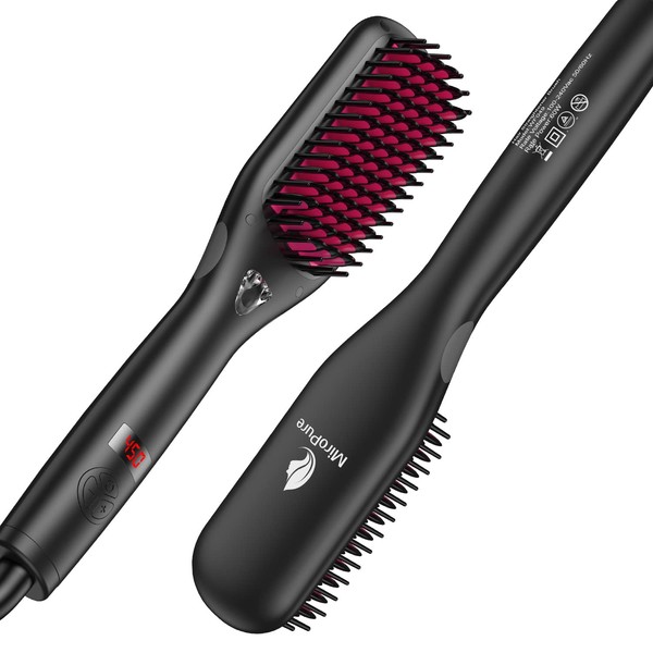 Hair Straightener Brush with Ionic Generator by MiroPure, 30s Fast MCH Ceramic Even Heating, 11 Temperature Control, Professional Straightener Comb for Straightening (Black)