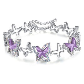 GEMMANCE Butterfly Link Charm Bracelet with Alexandrite Light Purple Birthstone Crystal for June, Silver-Tone, 7“ + 2"