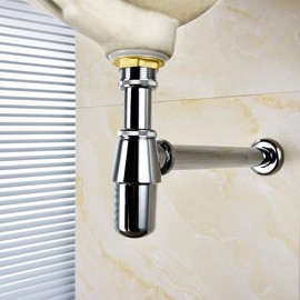 Bretoes Brass Round Bottle P Trap tube, Basin Sink Waste Trap Drain Tube Kit Adjustable Height Chrome (Oval)