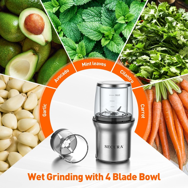 Secura Coffee Grinder Electric, Spice Grinder, Dual Glass Bowls for