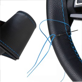 Generisch Steering Wheel Cover PU Leather Car Steering Wheel Cover for Lacing Sewing with Needle and Thread Non-Slip and Soft Universal Size 37-39 cm M1 Black Light Blue Stitching