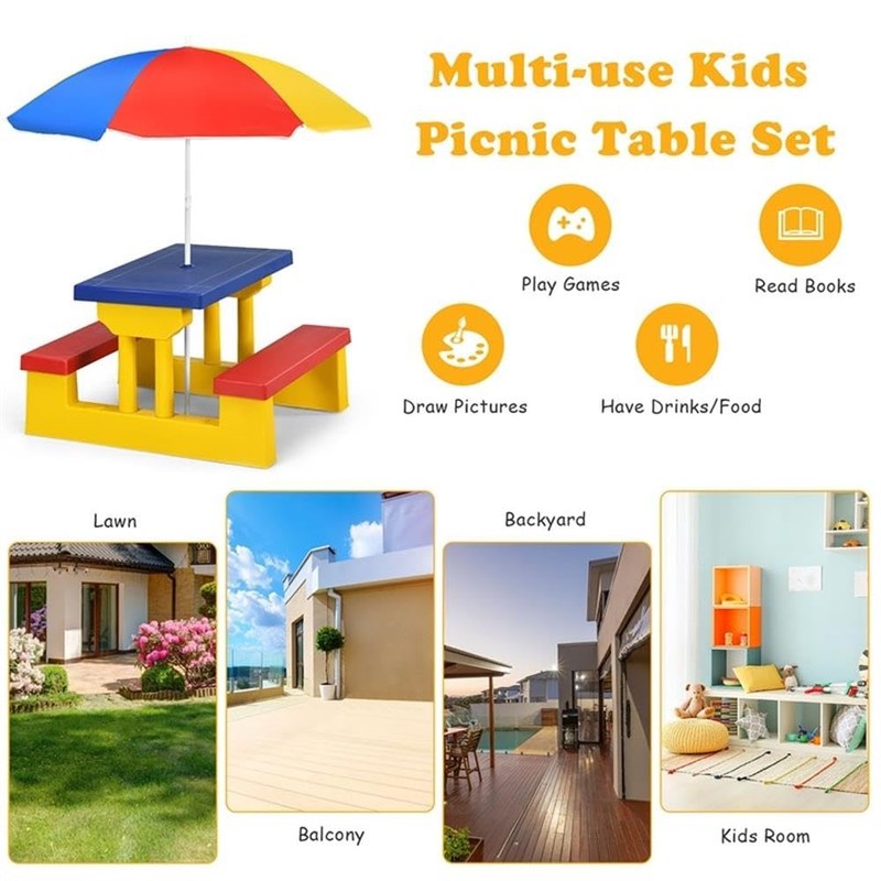Pemberly Row Picnic Table Set withRemovable Umbrella Garden Patio Multicolor