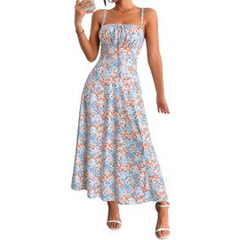 YATHON Sundresses for Women 2025 Vacation Maxi Spaghetti Strap Backless Flowy Tea Party Dress for Women Vintage(YT552-Pink B Floral 01,L)