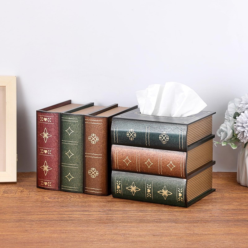 Hoowen Antique Wooden Book Tissue Holder, Decorative Square Tissue Cover