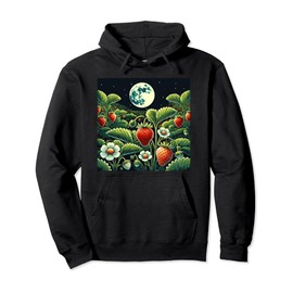 Strawberry Plants by Night With Full Moon Strawberries Art Pullover Hoodie