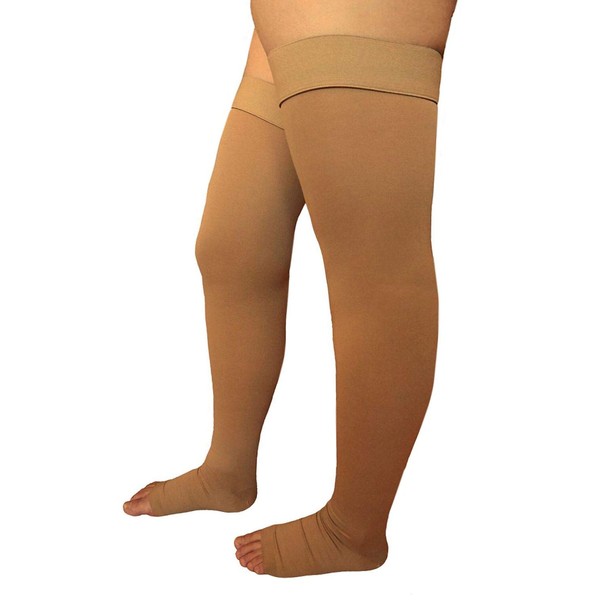 Runee Extra Wide Thigh High Open Toe Compression Stockings Big and Tall Hosiery for Big Thigh and Calf (Beige)
