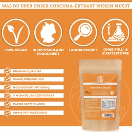 QIDOSHA® Curcuma Extract Capsules High Dose with Piperine, Pack of 120, 618 mg per Capsule, of which 316 mg Pure Turmeric Extract with 95% Curcuminoids, Vegan, Laboratory Tested