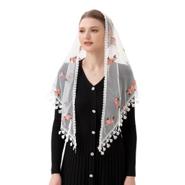 PAMOR Triangle Little Flower Chapel Veils Embroidered Scarf Shawl Latin Mass Head Covering Mantilla Veil for Church (White)