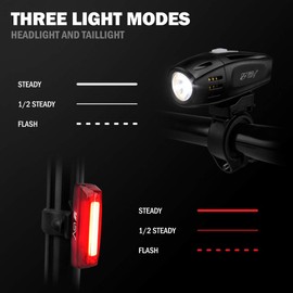 BV Super Bright USB Rechargeable Bike Light Set, Headlight with Free Taillight, Three Light Modes, Water Resistant IP44 - Fits All Bicycles with Two Mounting Options