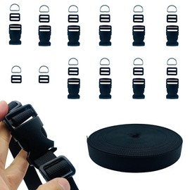Juego de correas de hebilla de nailon negro de 3/4 pulgadas, 6 yardas, hebilla de plástico de liberación lateral rápida, doble ajustable, paquete de 12 clips deslizantes tri-deslizantes, 12 anillos en