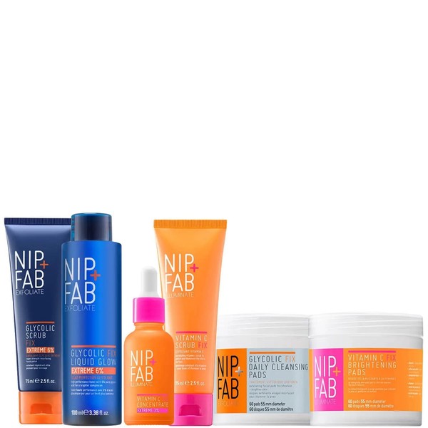 Nip + Fab Get Glowing Regime Bundle | lluminate the Face Skin Complexion | Luminosity Boosting | Glycolic Fix Pads, Scrub, Liquid Glow | Vitamin C Concentrate, Scrub, Pads