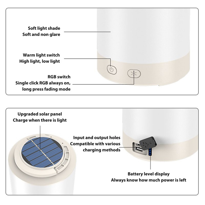 Solar Camping Lantern PP ABS Warm Light RGB Portable Hanging