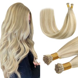 DOORES I Tips Hair Extensions, Dark Blonde Highlighted Bleach Blonde 50g/50s 18 Inch, I Tip Cold Fusion Human Hair Extensions ITip Extensions Straight Human Hair Extensions
