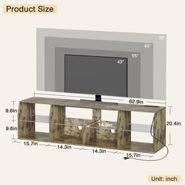 VECELO LED TV Stand with Lights & Power Outlet for 65 inch, Gaming Entertainment Center with 7 Open Storage Shelves, Industrial Television Cabinet for Living Room, Bedroom, Grey
