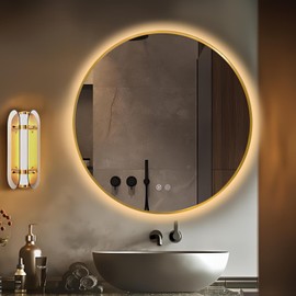 Niccy 28" Round LED Backlit Mirror with Lights, Gold Frame Light Up Mirror for Bathroom, Anti-Fog, 3 Color ShatterProof