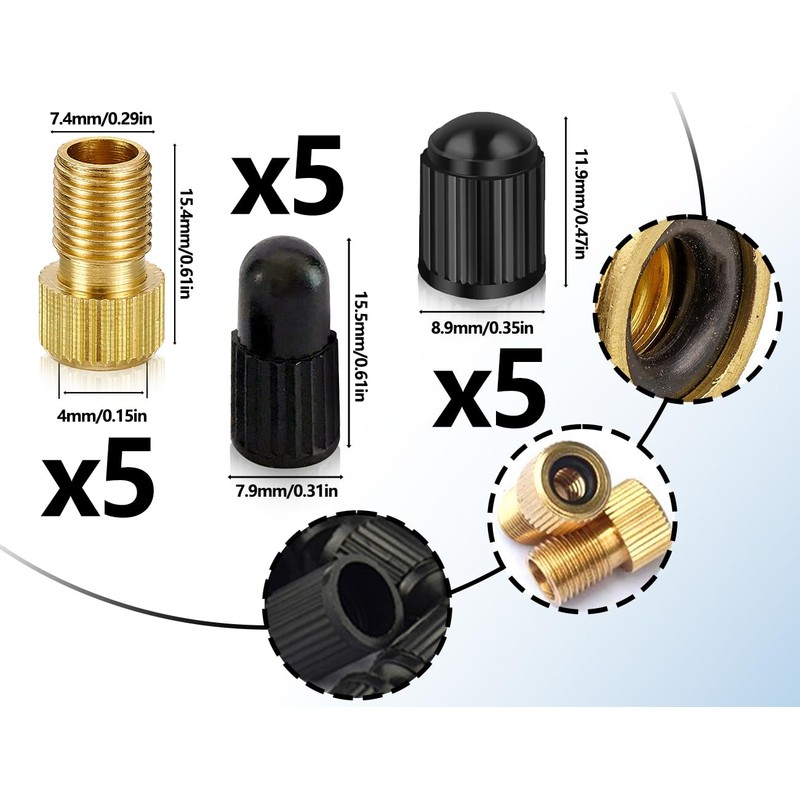 KAPSING Bicycle Valve Adapter Set, 5 Brass Valve Adapters and