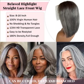 Belaved Short Bob Wig Human Hair Grey Salt & Pepper 13×4 Glueless HD Lace Front Silver Bob Wigs with Baby Hair Free Part Pre Plucked Hairline Straight 16 Inch