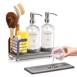Kitchen Soap Dispenser Set with Drying Tray – 16oz Glass Bottles with Stainless Steel Pumps, Sink Organizer Caddy with Brush Holder & Non-Slip Feet – All-in-One Dish & Hand Soap Station